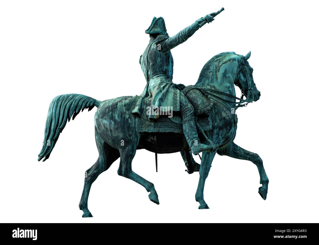 Statue von König Karl XIV. Johannes im Zentrum Stockholms, Schweden isoliert auf weiß Stockfoto