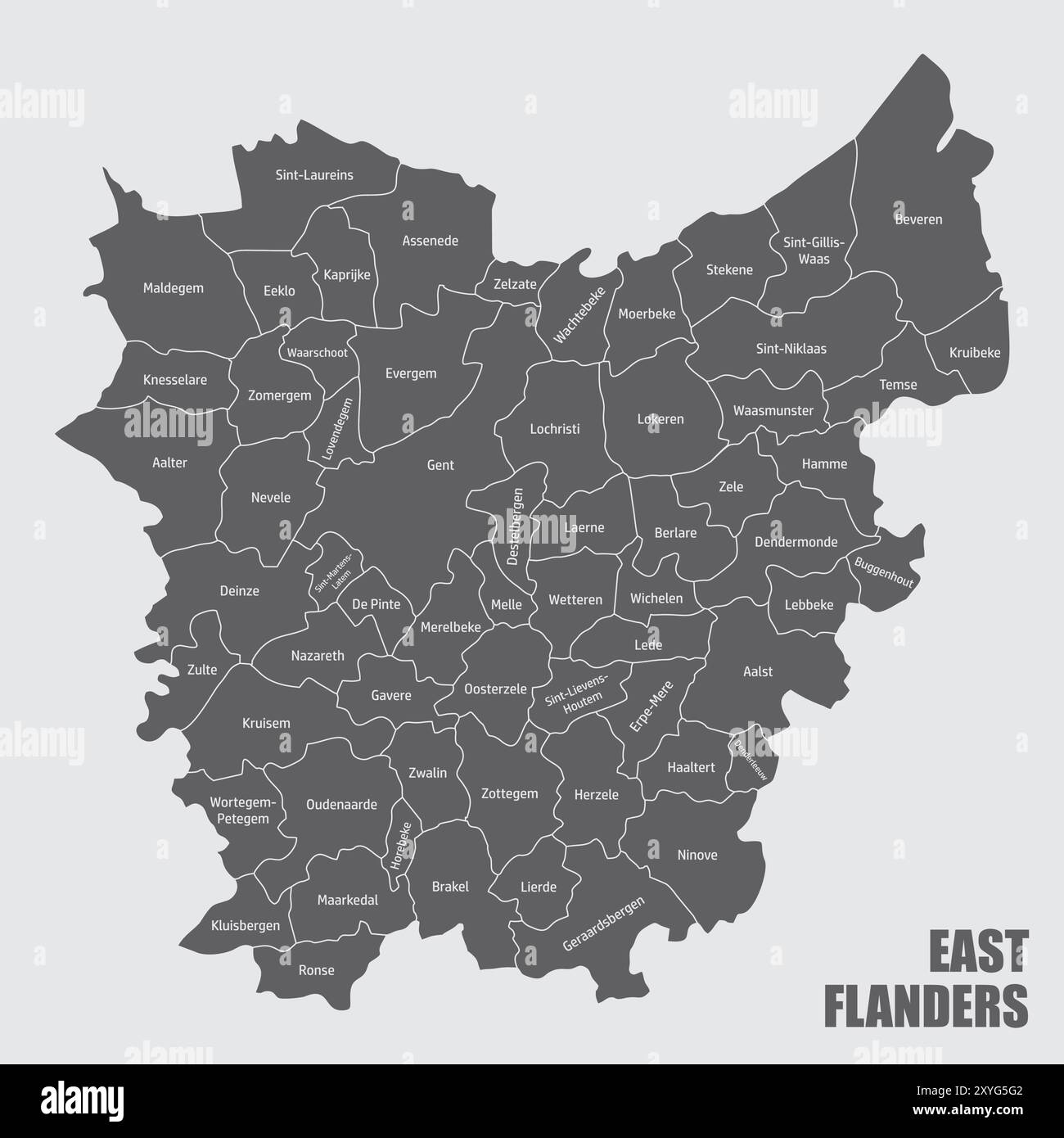 Die Verwaltungskarte der Provinz Ostflandern mit Etiketten, Belgien Stock Vektor