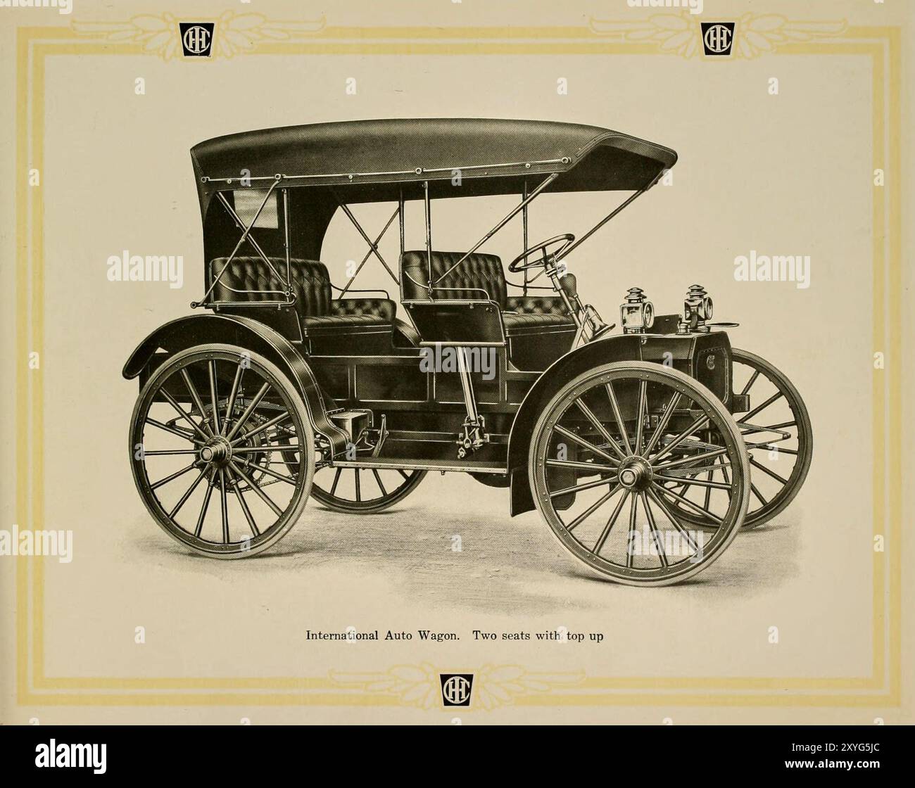 Internationaler Auto-Buggy mit Nachfüllfunktion. Vintage-Werbung von International Auto Buggies und Auto Wagons von International Harvester Company of America. 1905 Stockfoto