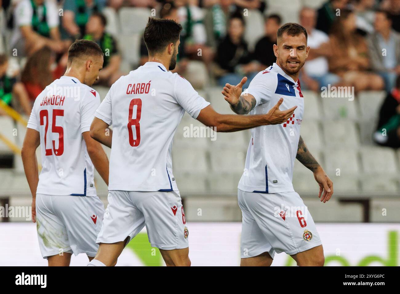 Brügge, Belgien. August 2024. Wislas Alan Uryga feiert, nachdem er am Donnerstag, den 29. August 2024 in Brügge ein Fußballspiel zwischen dem belgischen Cercle Brugge KSV und dem polnischen Wisla Krakau getroffen hat. Cercle gewann das erste Leg mit 1:6. BELGA FOTO KURT DESPLENTER Credit: Belga Nachrichtenagentur/Alamy Live News Stockfoto