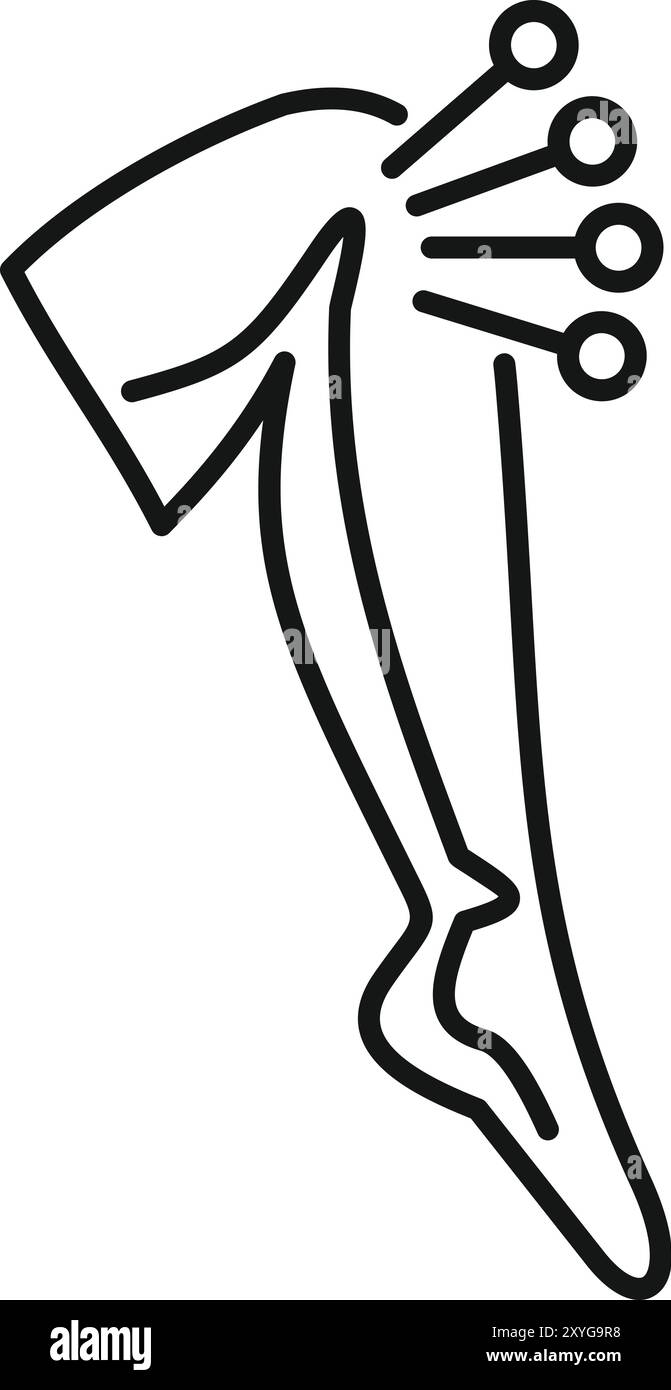 Linienzeichnung von Akupunkturnadeln, die im Rahmen einer traditionellen chinesischen Medizin auf ein menschliches Bein aufgetragen werden Stock Vektor