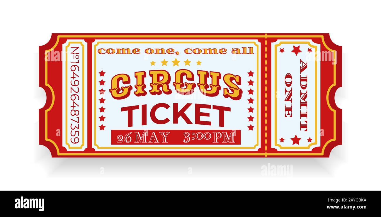 Ticket für farbenfrohen Retro-Zirkus. Dekorative Elemente, Sternmuster, TEXTZIRKUS, AUFNAHME EINS, Details zu Ereignissen, Datum und Uhrzeit. Rot, gelb, weiß. Stock Vektor