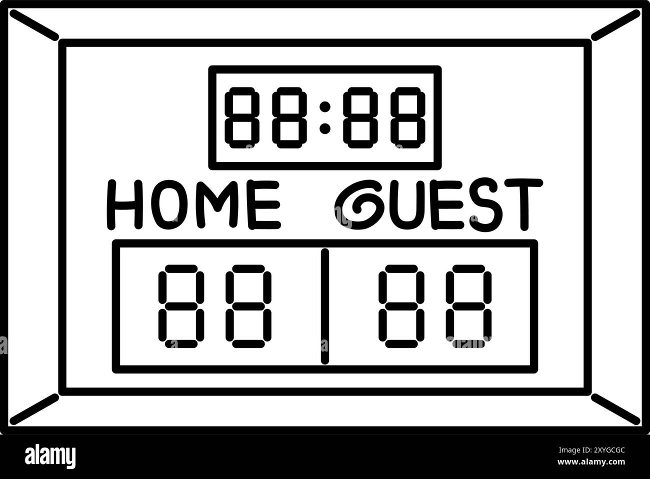 Schwarze Umrisse für die Sportanzeige. Eine rechteckige Anzeigetafel mit digitalen Nummern und Abschnitten mit der Aufschrift HOME und GAST. Für sportpädagogische Materi Stock Vektor