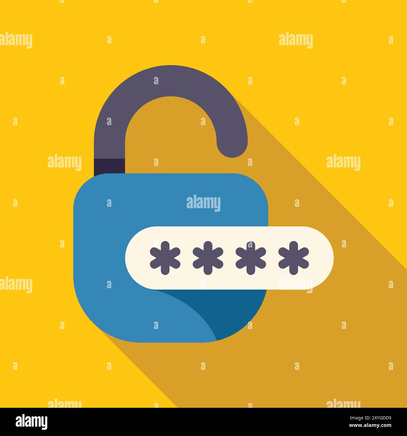 Das entsperrte Vorhängeschloss zeigt ein mit Sternchen verborgenes Kennwort an, das die Online-Sicherheit und den Datenschutz darstellt Stock Vektor