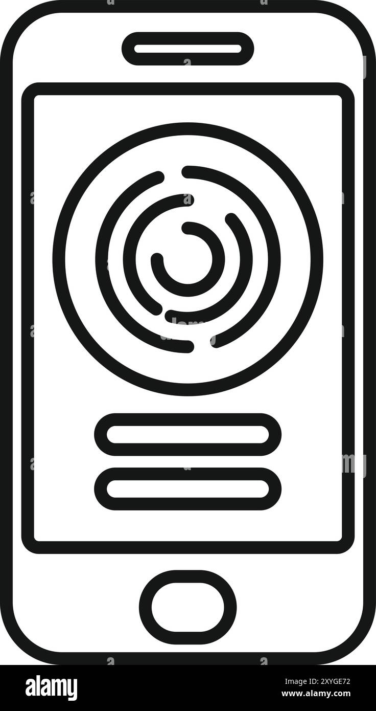 Minimalistische Linienzeichnung eines Smartphones mit einem Fingerabdruckscanner-Symbol, das biometrische Sicherheitsmaßnahmen für die Benutzerüberprüfung darstellt Stock Vektor