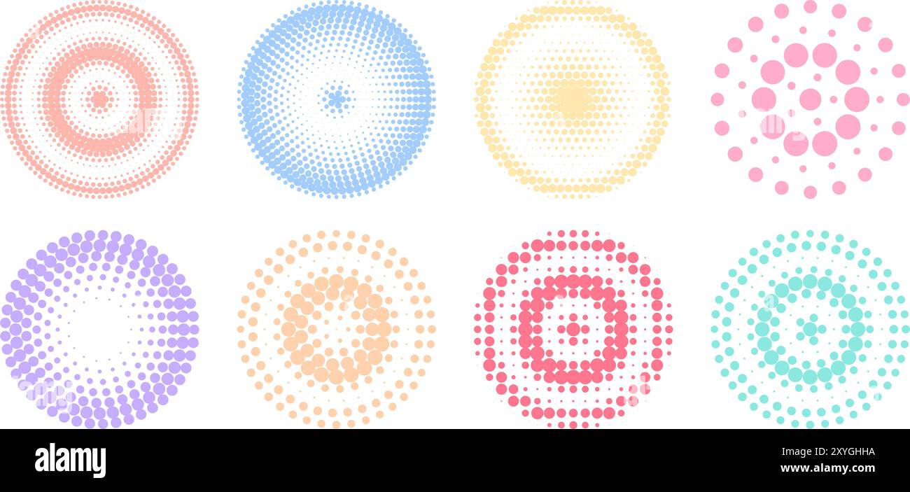 Halbtöne, geometrische Punkte, Farbverlauf und Pop-Art-Textur. Kreis Pastell Farben Halbtöne. Vektorabbildung Stock Vektor