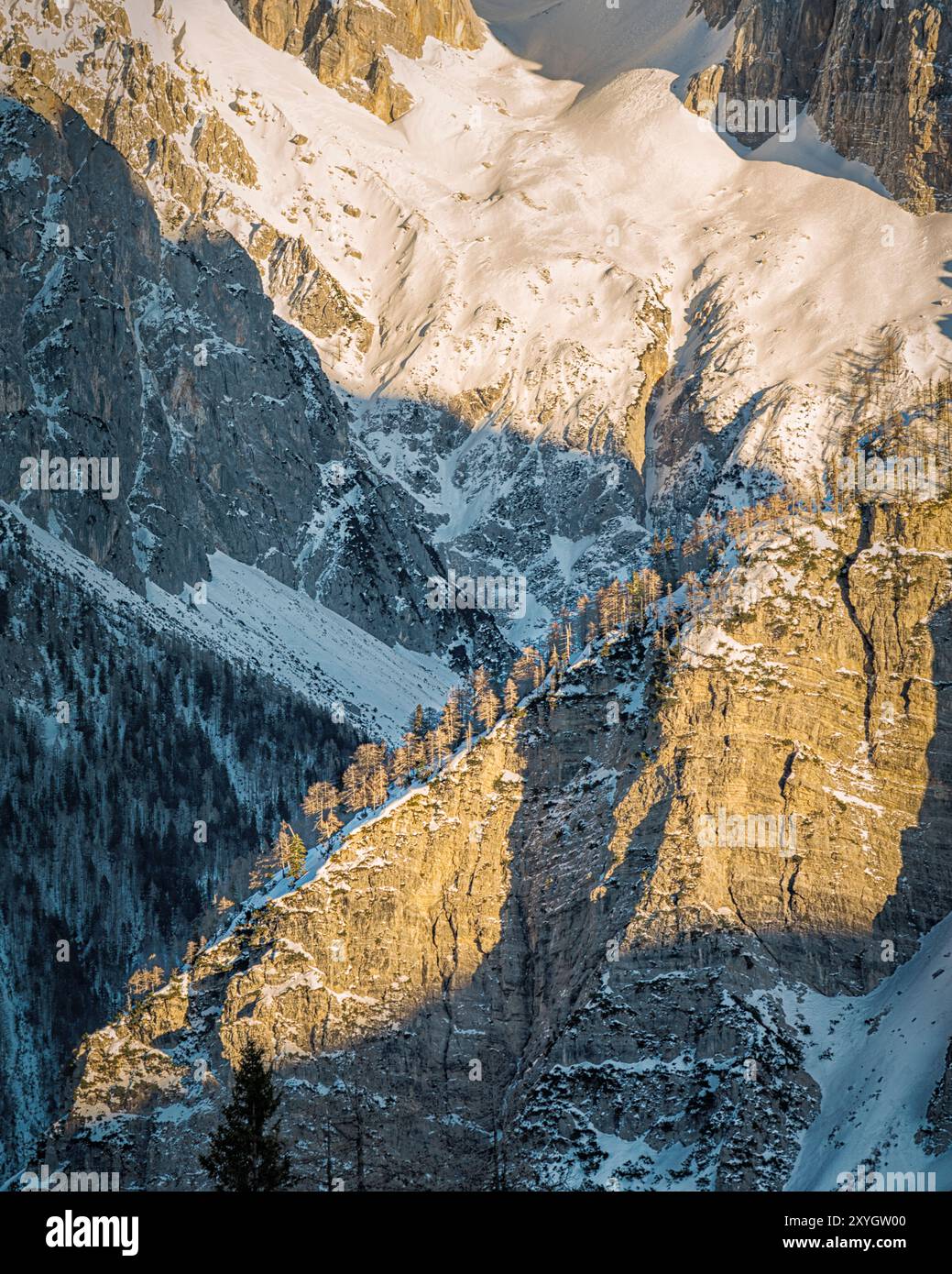 Goldene Lärchen auf prekären Gipfeln Stockfoto