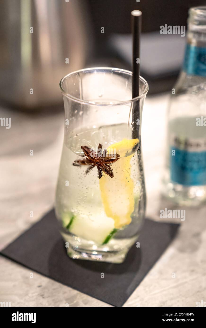 Kalter Gin und Tonic Cocktail Drink mit Sternanis und Gurkenscheiben an der Bar Stockfoto