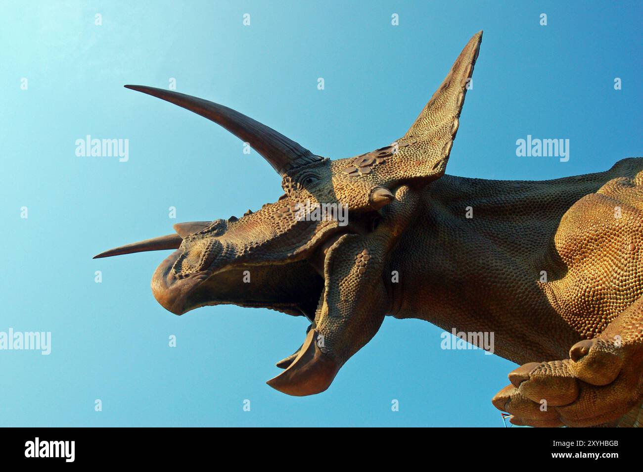 Eine Skulptur eines triceratops steht mit offenem Mund vor dem Peabody Museum in New Haven, Connecticut Stockfoto
