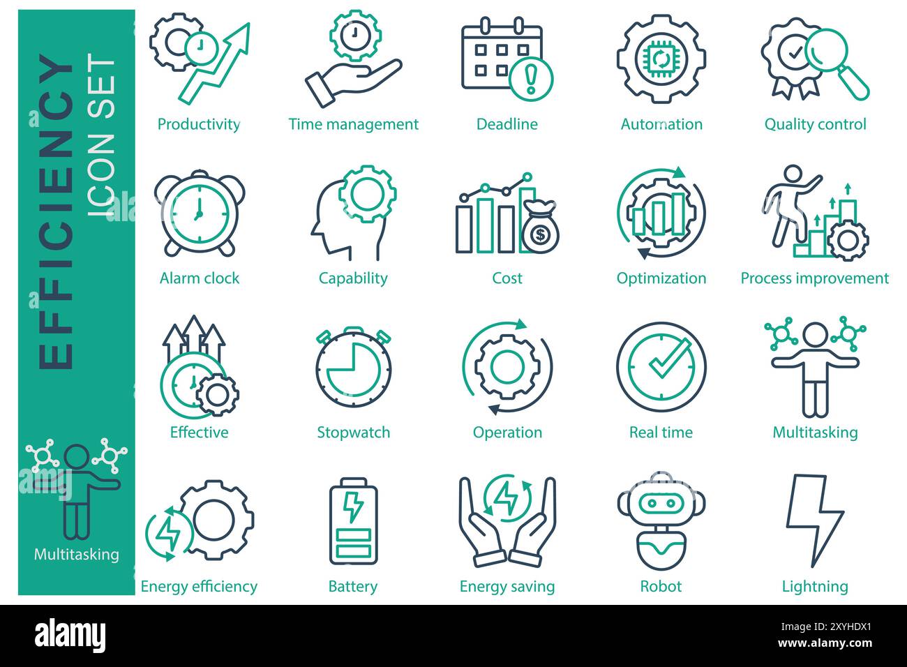 Symbolgruppe „Effizienz“. Liniensymbolstil. Symbol, das sich auf das Geschäft bezieht. Produktivität, Zeitmanagement, Funktionalität und vieles mehr. Vektorillustrat für Geschäftselemente Stock Vektor