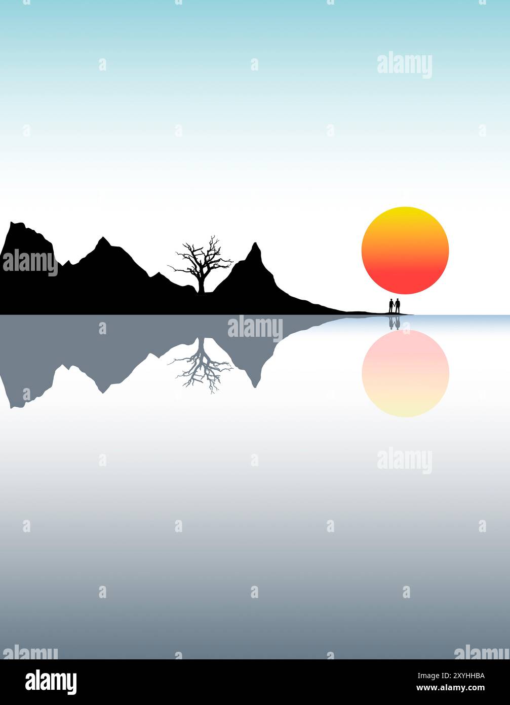 Eine Insel spiegelt sich in einem See bei Sonnenuntergang in einer grafischen Abbildung. Stockfoto