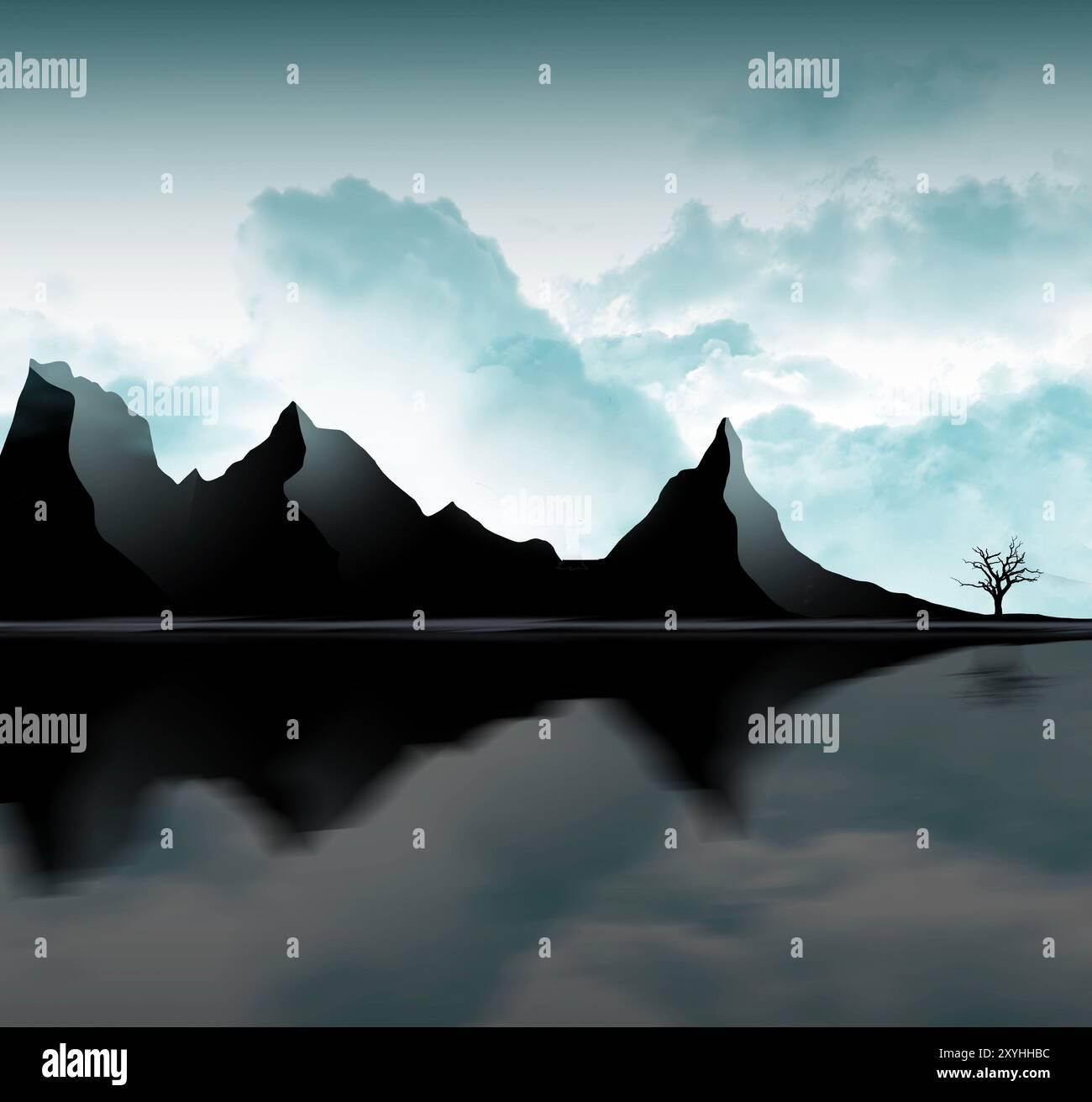 Ein Landpunkt erstreckt sich in einem See in einer dunklen, vorwegweisenden Szene von den Großen Seen, die eine 3D-Illustration ist. Stockfoto