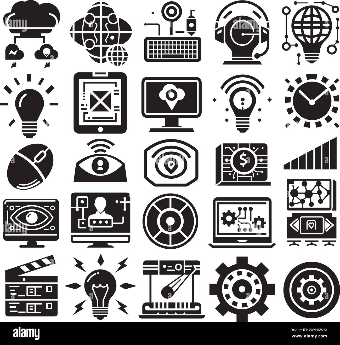 Künstliche Intelligenz und Technologie-Iconset, Schwarzweiß-Vektor. Stock Vektor