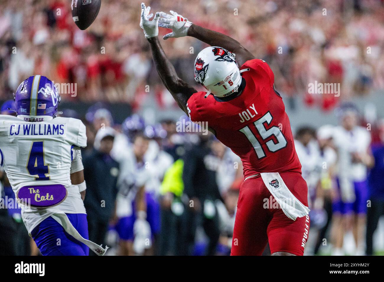 29. August 2024: North Carolina State Wolfpack Tight End Justin Joly (15) verpasst den Fang während des dritten Quartals gegen die Western Carolina Catamounts im NCAA Football Match Up im Carter-Finley Stadium in Raleigh, NC. (Scott Kinser/CSM) Stockfoto