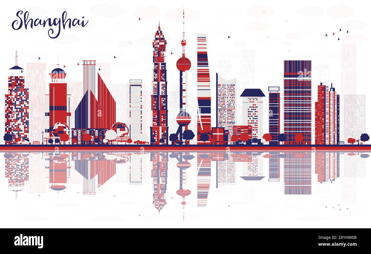 Skyline der Stadt Shanghai China mit farbigen Wolkenkratzern und Reflexionen. Vektorabbildung. Stadtbild mit Wahrzeichen. Stock Vektor