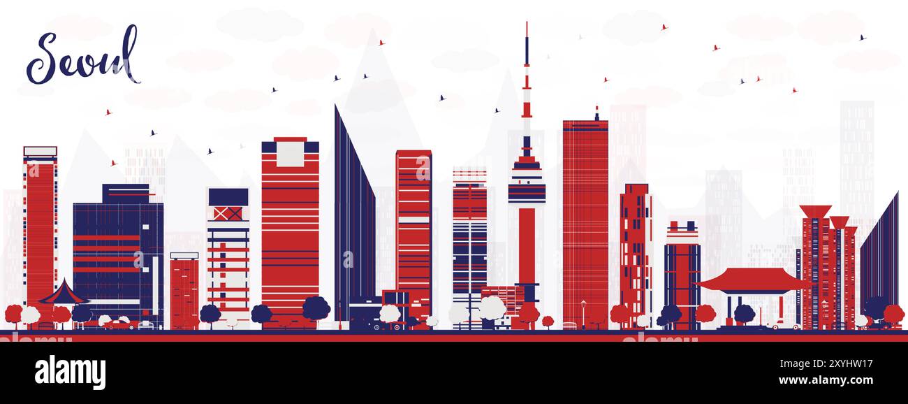 Die Skyline der Stadt Seoul Südkorea mit farbigen Gebäuden. Vektorabbildung. Stadtbild mit Wahrzeichen. Stock Vektor