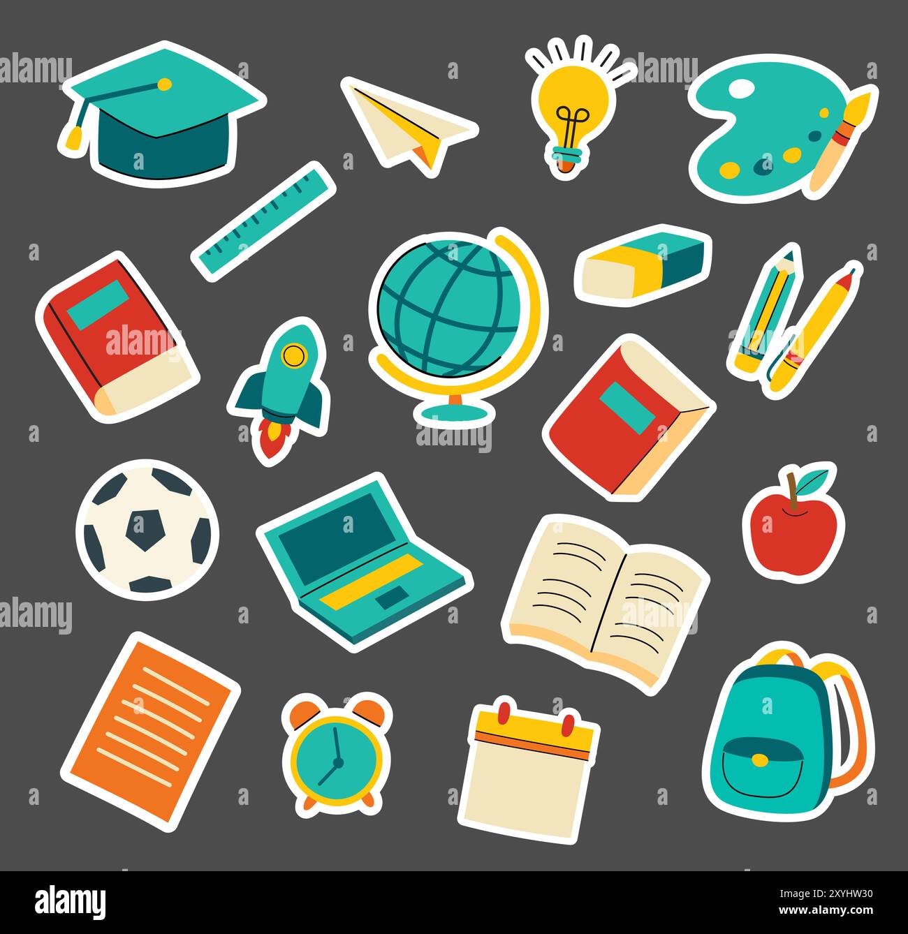 Back-to-School-Sticker-Set-Style. Bildung handgezeichnete Objekte und Symbole. Stock Vektor