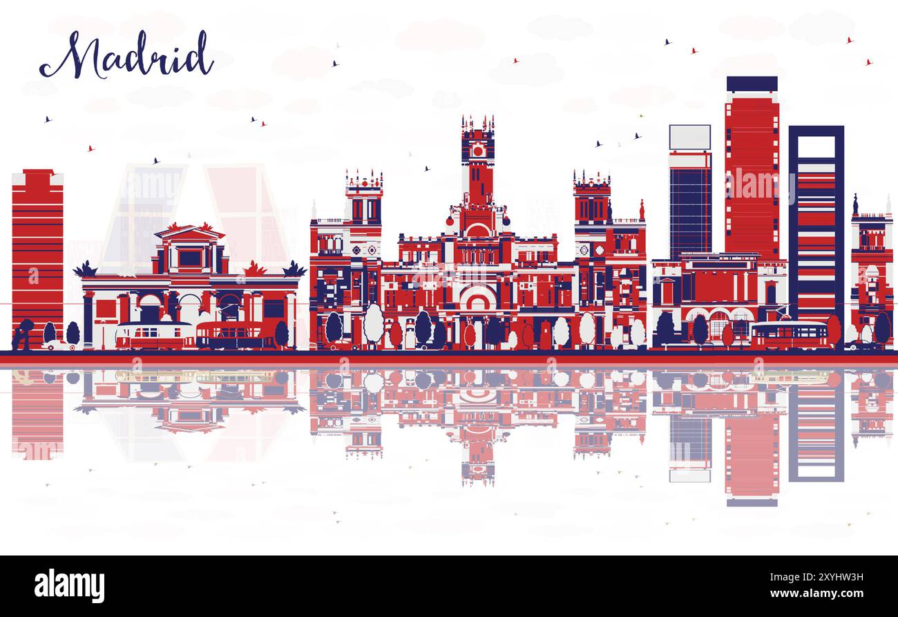 Abstrakte Skyline der Stadt Madrid Spanien mit farbigen Gebäuden und Reflexionen. Vektorabbildung. Stadtbild mit Wahrzeichen. Stock Vektor