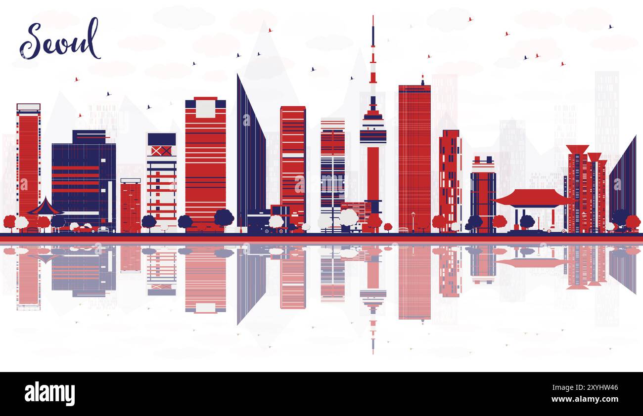 Die Skyline der Stadt Seoul Südkorea mit farbigen Gebäuden und Reflexen. Vektorabbildung. Stadtbild mit Wahrzeichen. Stock Vektor