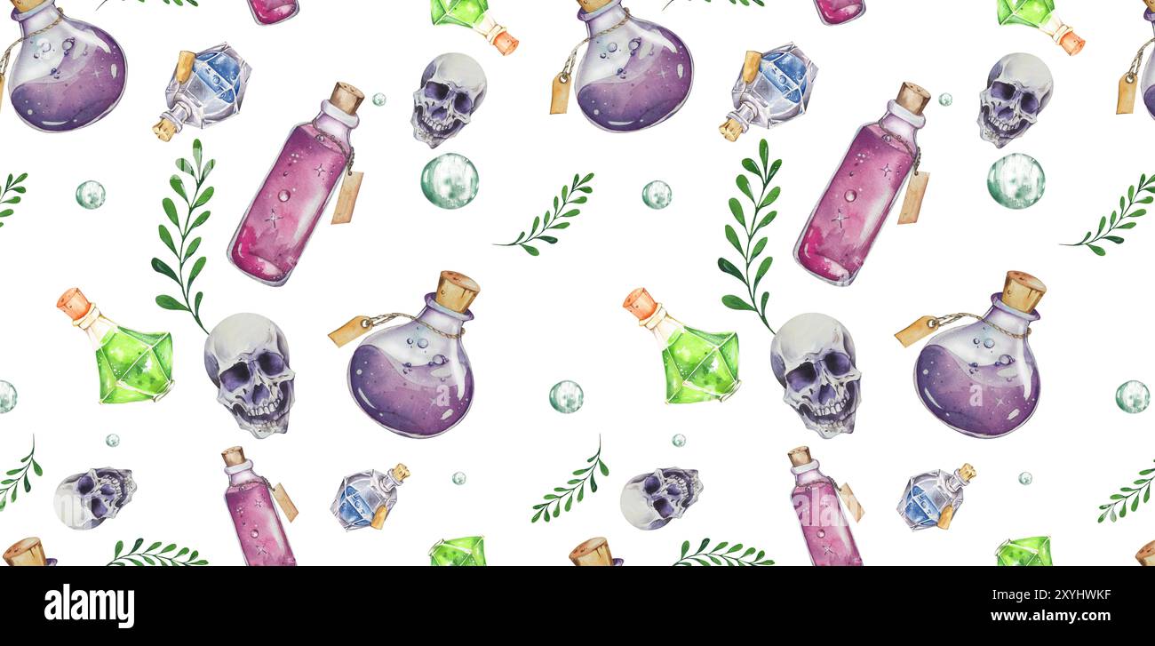 Kollektion Halloween-Thema. Zusammensetzung Der Aquarelle. Nahtloses Muster. Verschiedene Flasche mit Trank, Schädel. In Flieder-Tönen. Für Feiertagsverpackungen, Post Stockfoto