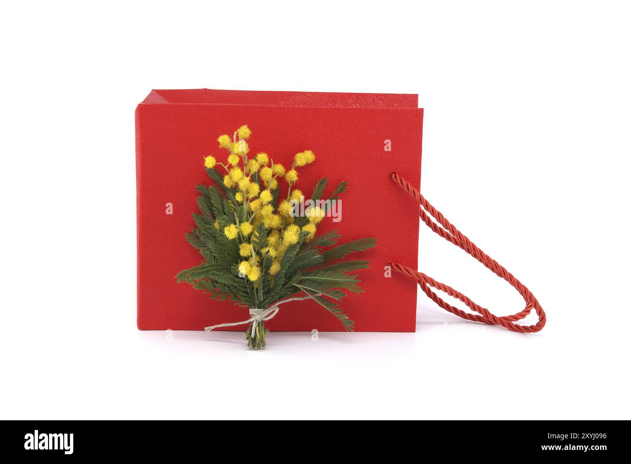 Blumenstrauß von gelben Mimosa-Blumen in der Nähe von roter Geschenktüte isoliert auf weißem Hintergrund, Ostern, 8. März Frauentag Konzept Stockfoto