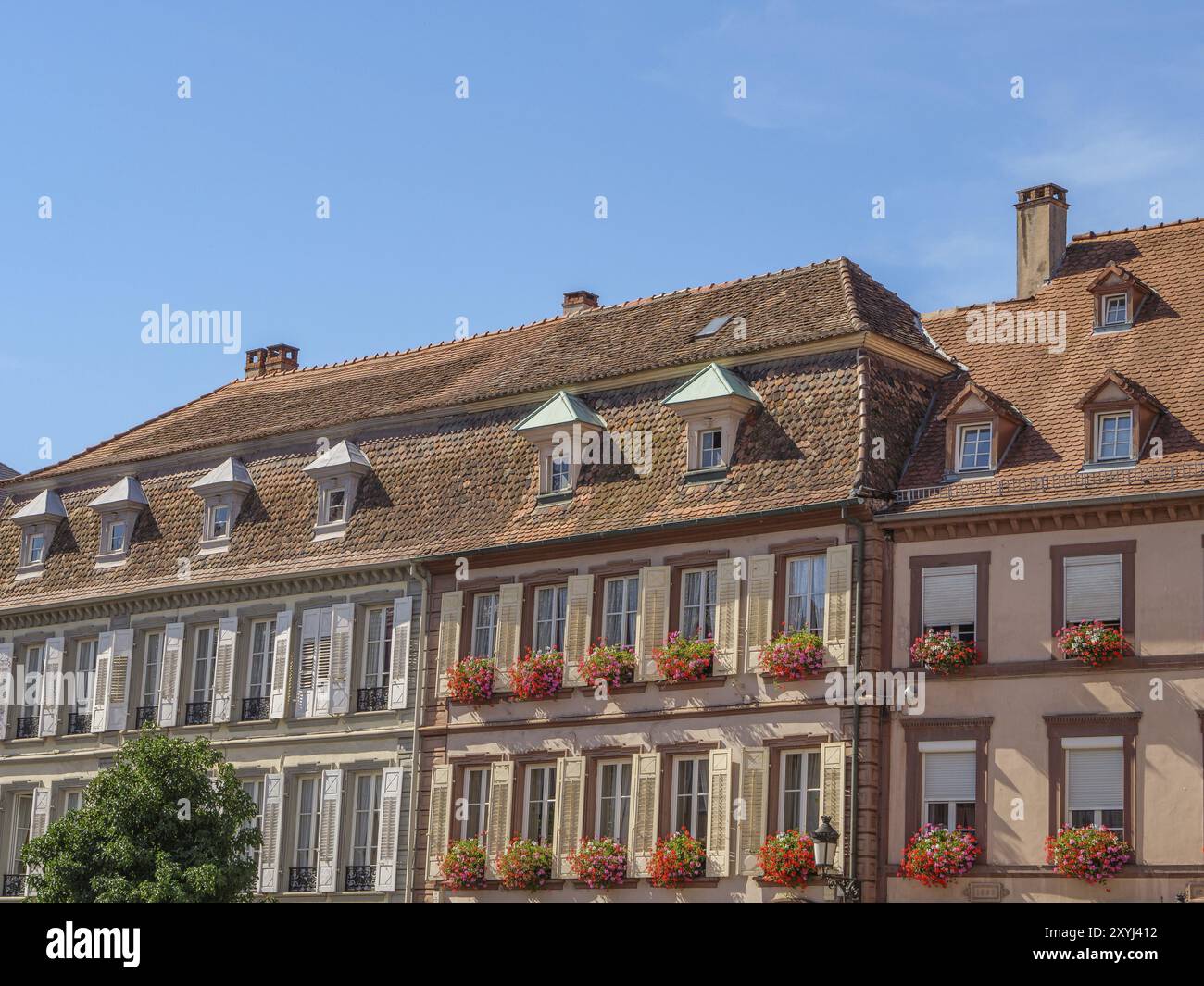 Historische Häuserreihe mit verzierten Fenstern und blumenfarbenen Balkonen unter klarem blauen Himmel, Weissenburg, Elsass, Frankreich, Europa Stockfoto