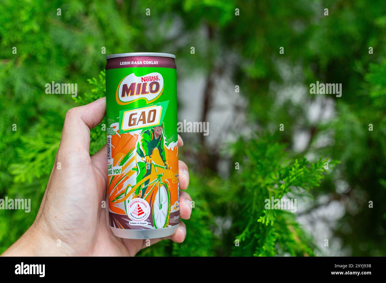 Enthält eine Dose Nestlé Milo Gao Drink, eine dickere Version des Schokoladenmalzgetränks als die Standardversion. Es hat Aufkleber gesünder Wahl. Stockfoto