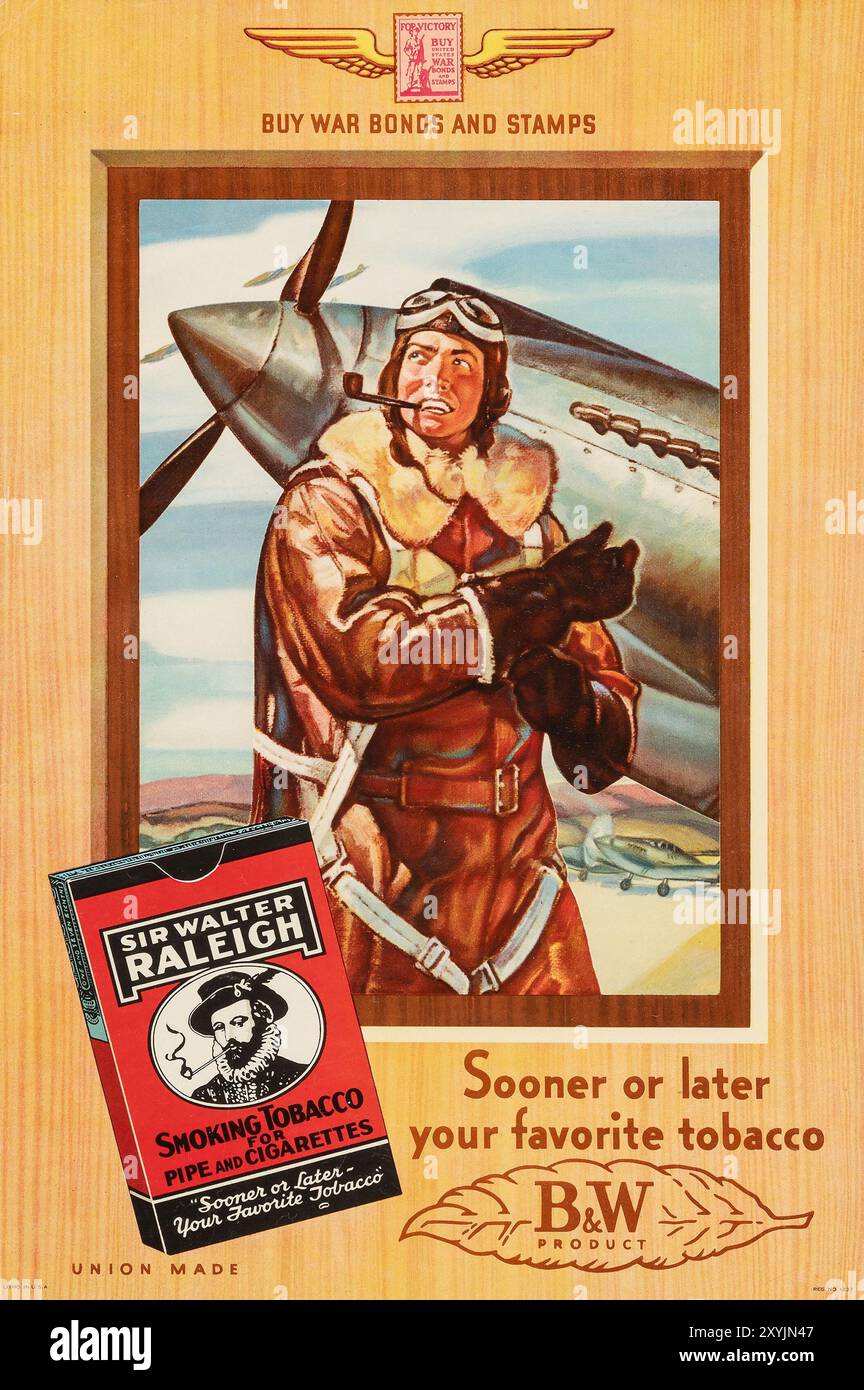Kaufen Sie Kriegsanleihen und Briefmarken - Vintage-Poster für Raleigh Tabak und Zigaretten Meisterstück eines klassischen Kampfflugzeugs aus dem Zweiten Weltkrieg, 1940er Jahre - Union Made Stockfoto
