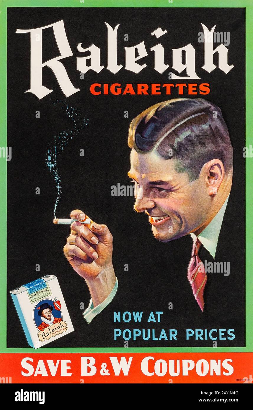 Raleigh Zigaretten (ca. 1940er Jahre) Tabakwerbung Poster feat a Smoking man - Sparen Sie B&W Coupons Stockfoto
