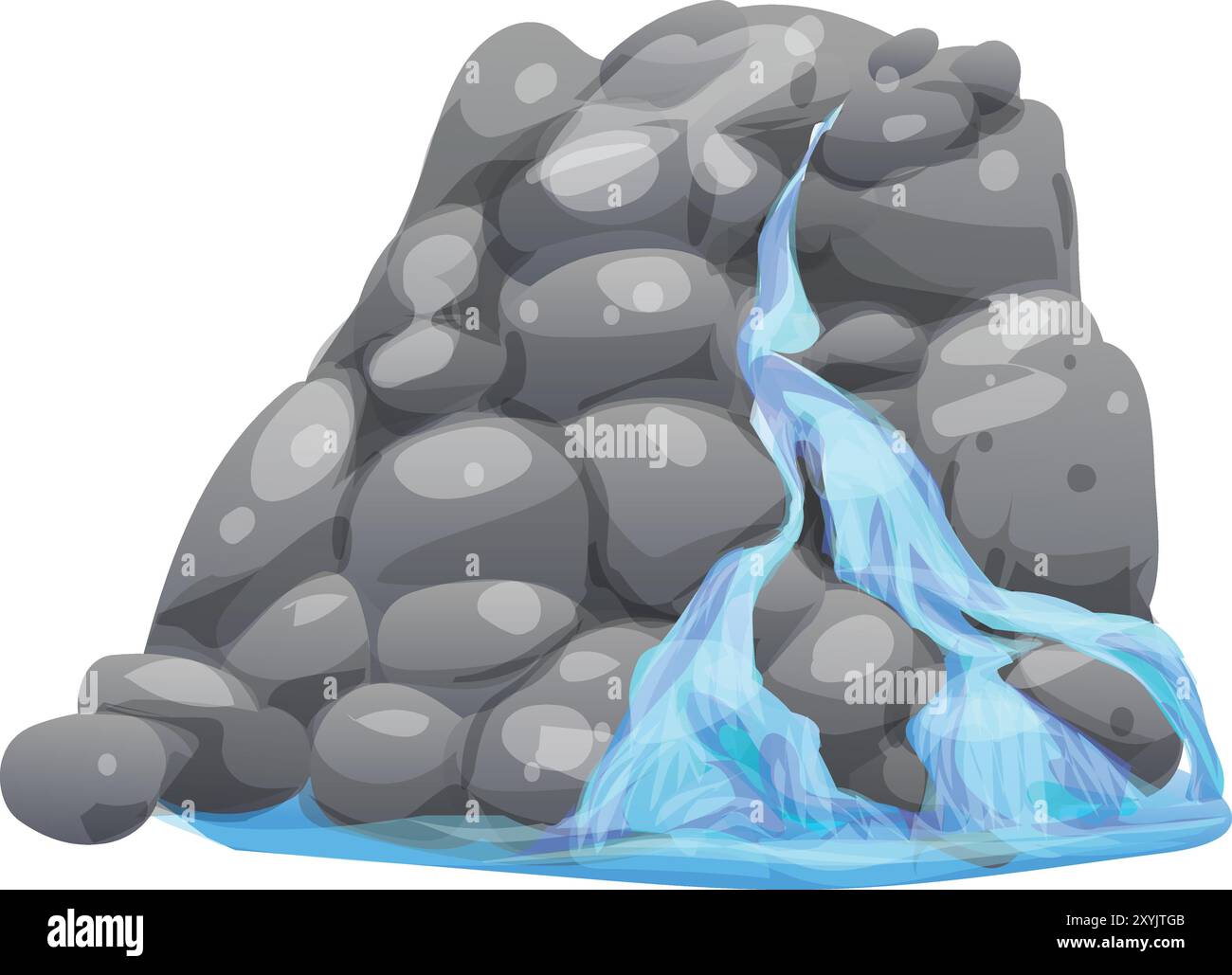 Cartoon-Wasserfall, der über Felsen stürzt und einen Teich am Boden bildet, isoliert auf weißem Hintergrund Stock Vektor