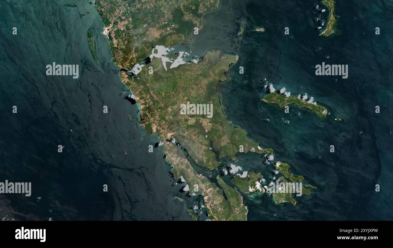 Pulau Galang im Südchinesischen Meer auf einem Satellitenbild vom 25. April 2021 Stockfoto