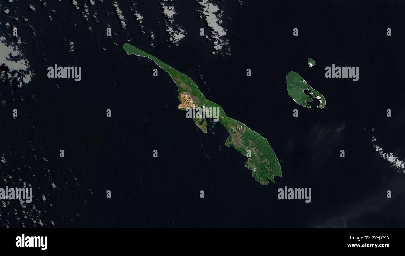 Pulau Gebe in der Halmahera-See auf einem Satellitenbild vom 3. April 2018 Stockfoto