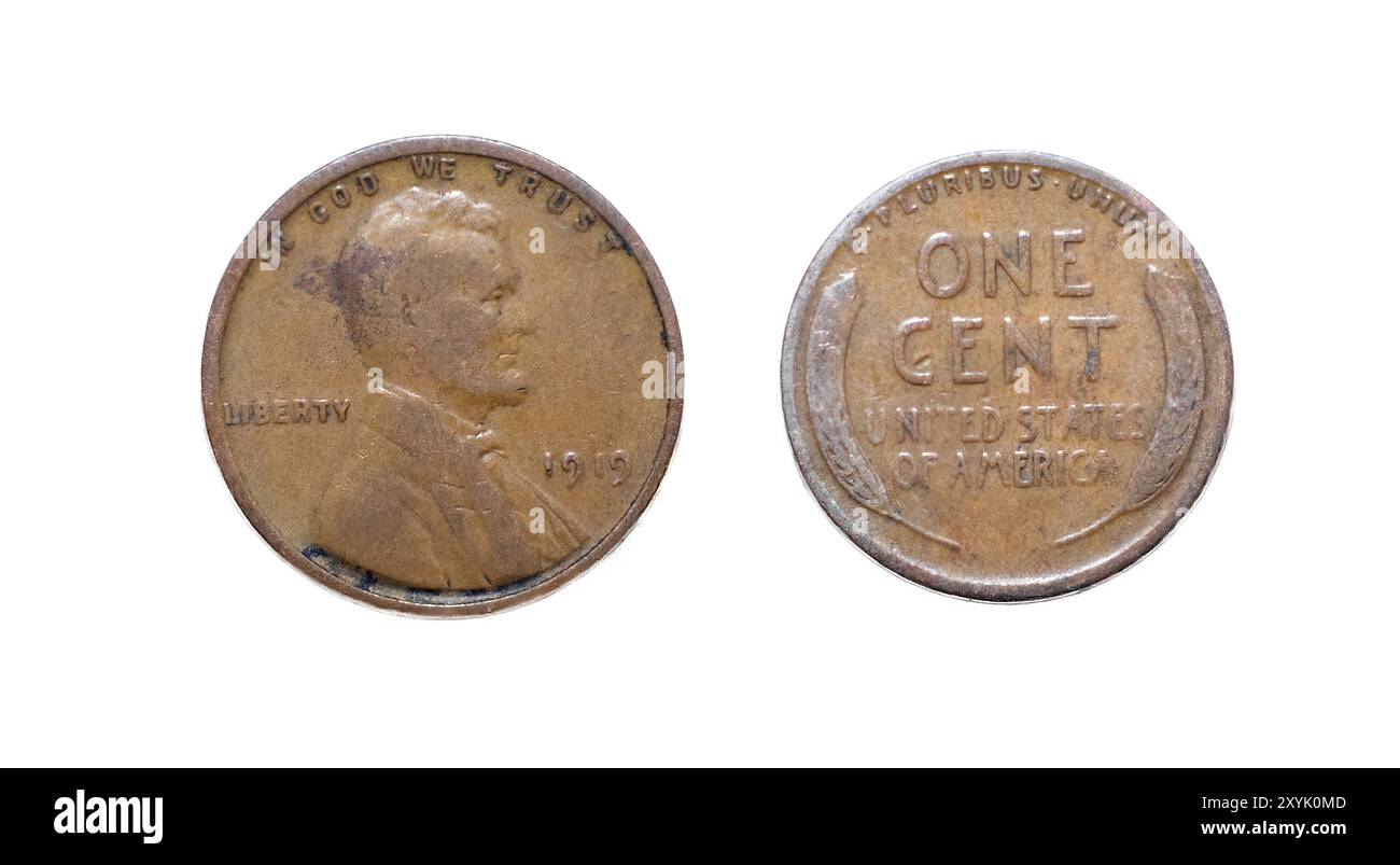 1919 Abraham Lincoln Weizen Liberty Penny, seltener Fehler keine Münzprägemarke US-1-Cent-Währung. Vereinigte Staaten von Amerika E. pluribus unum. In Gott, dem wir vertrauen, Stockfoto