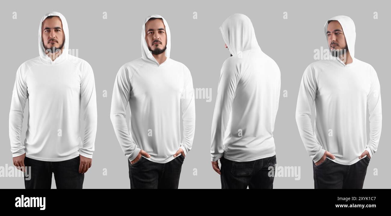 Weiße Langarm Sonnenschutzvorlage auf bärtigen Mann, Herren Sportbekleidung, für Design, Branding, Vorderseite, Rückansicht. Set aus modischem Hoodie isoliert Stockfoto