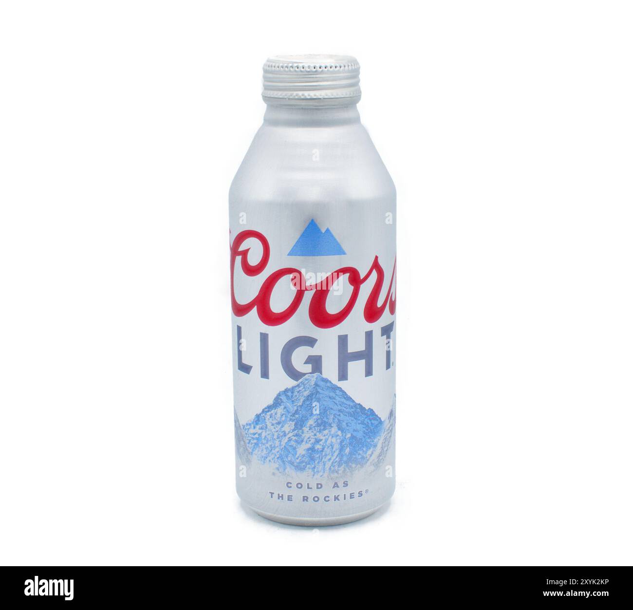 Ocala, FL 4-28-2024 eine Aluminiumdose oder -Flasche Coors Light Brand Beer, kalt wie die Rockies. Coors ist ein amerikanisches Brauerei- und Bierunternehmen mit Sitz in Stockfoto