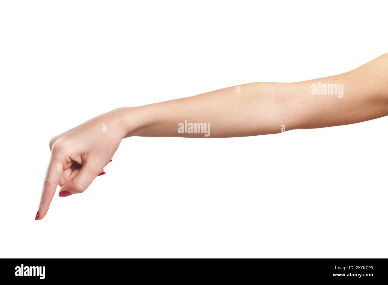 Eine Frau drückt einen Finger. Konzept. Isoliert auf weiß Stockfoto