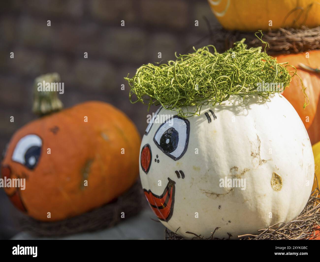 Lustige, bemalte Kürbisse mit Gesichtern und künstlerischer Dekoration im Herbstgarten, borken, münsterland, Deutschland, Europa Stockfoto