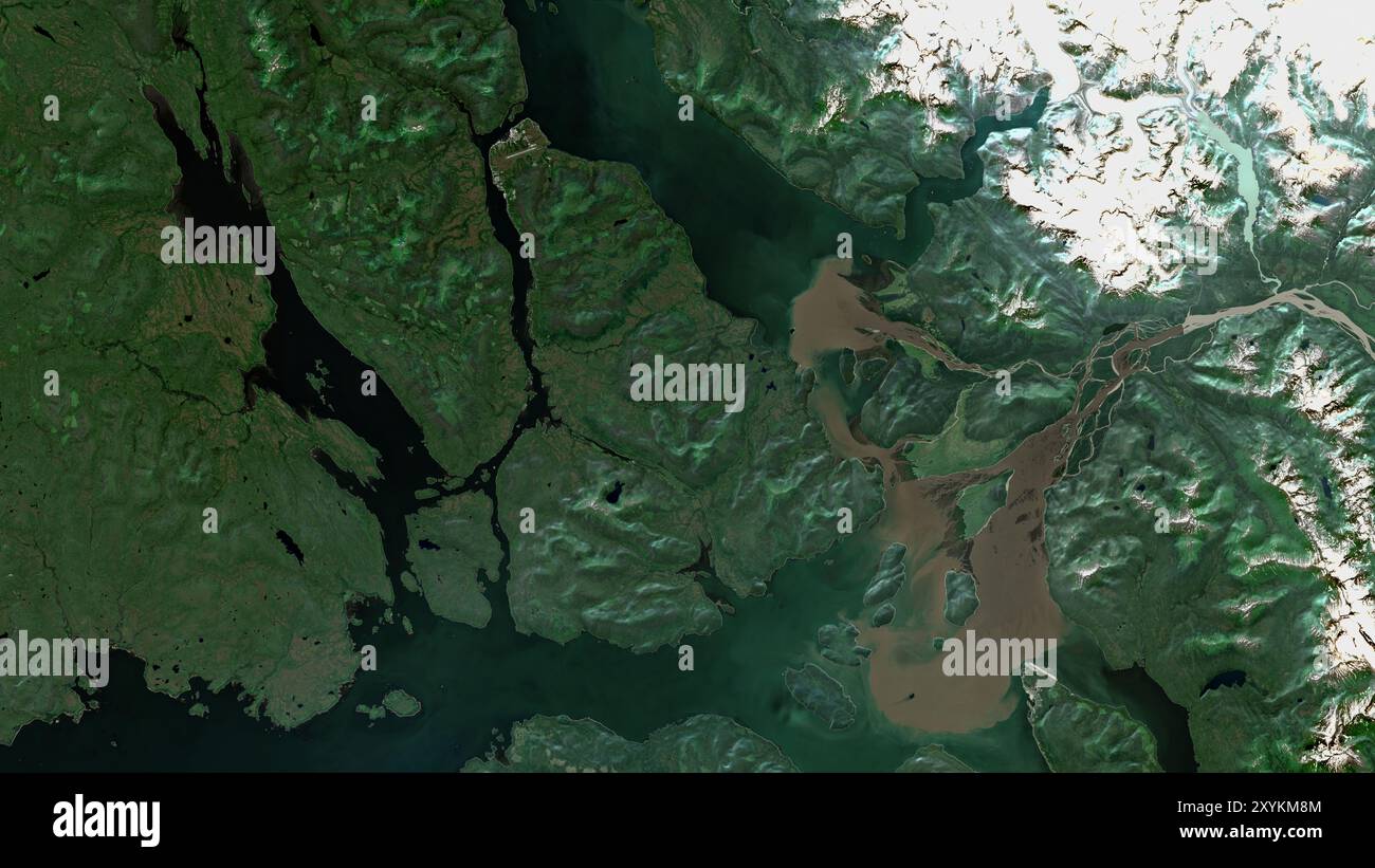 Mitkof Island in den Küstengewässern von Südost-Alaska und British Columbia auf einem Satellitenbild, das am 29. Juli 2020 aufgenommen wurde Stockfoto