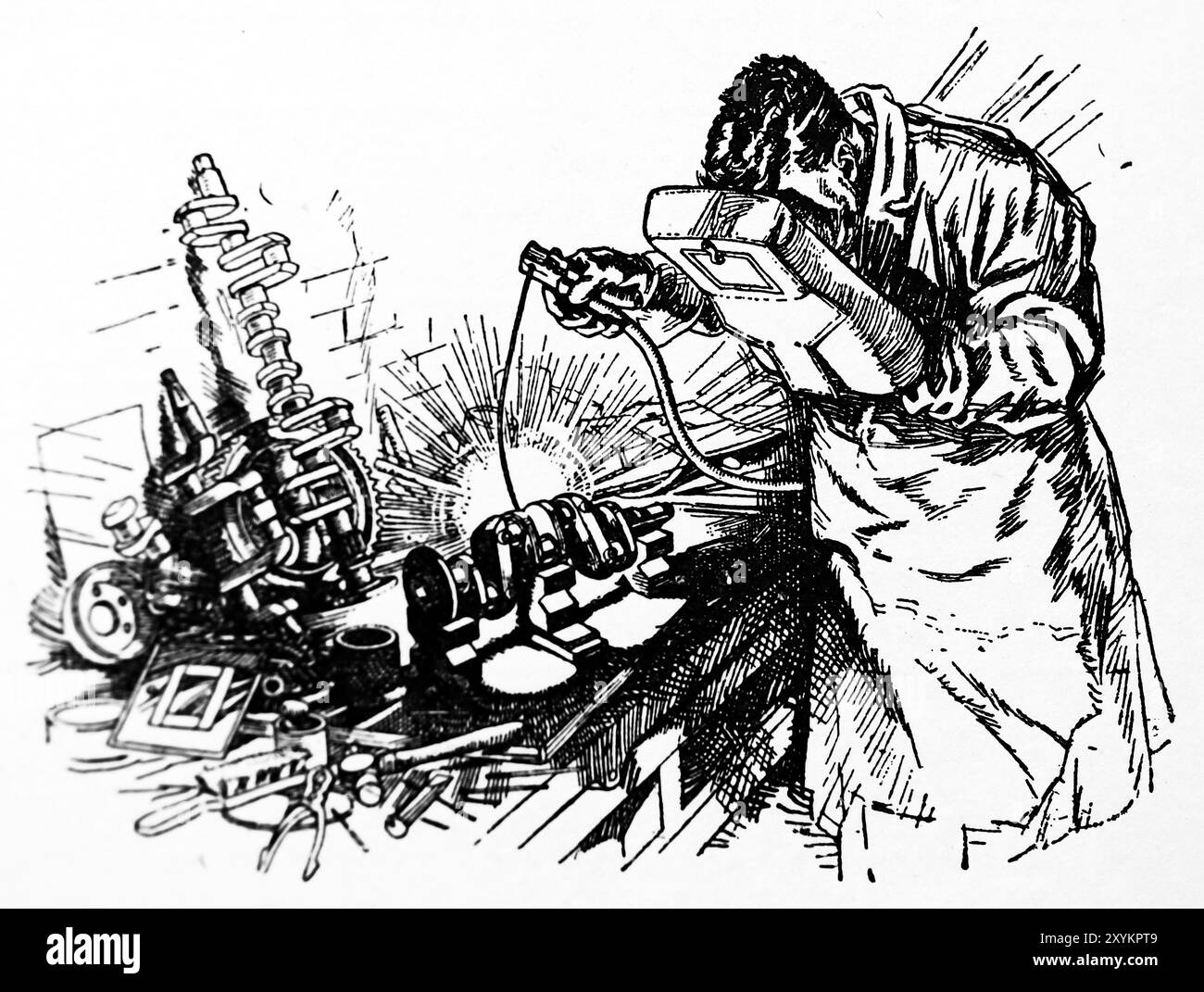 Lichtbogenschweißen zur Reparatur einer Kfz-Kurbelwelle. Diese Fotografie stammt von einer großen Auswahl von hauptsächlich nicht zugeschriebenen technischen Illustrationen und gedruckten Fotos, die ursprünglich 1936 veröffentlicht wurden. Größe und Qualität der Originale sind sehr unterschiedlich. Stockfoto