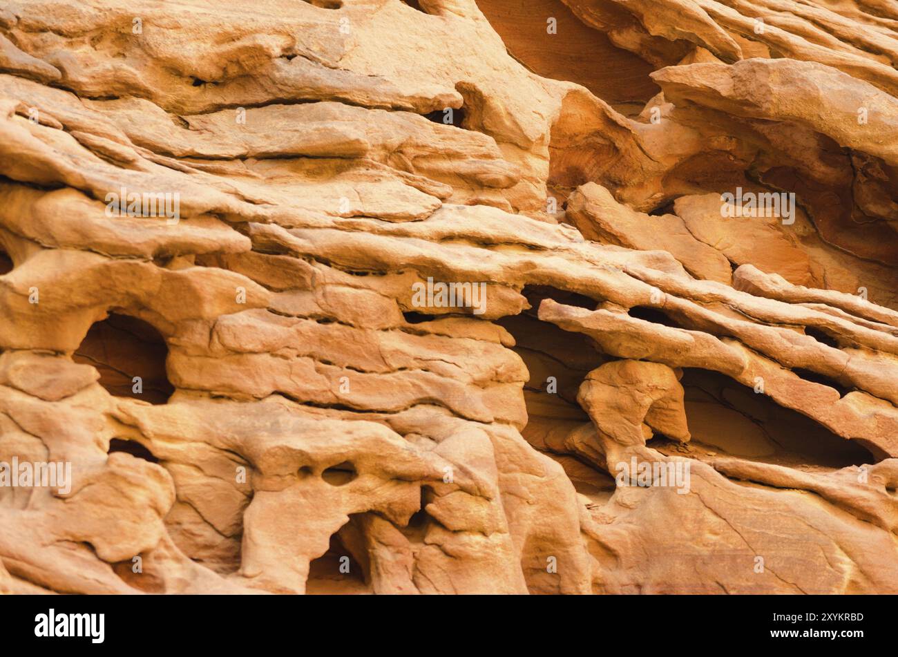Textur von orangenem Steingestein in einer farbigen Schlucht-Nahaufnahme Stockfoto