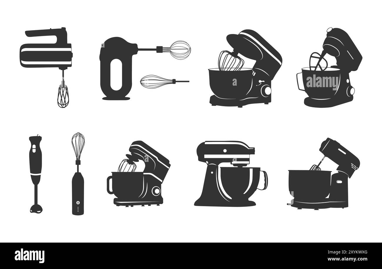 Mischpult Silhouetten, Küchenmixer Silhouette, Standmixer Vektoren, Handmixer Logo, Küche elektrische Mischpult Vektoren, Küchenhilfe Mixer Vektor, Mixer Symbol. Stock Vektor
