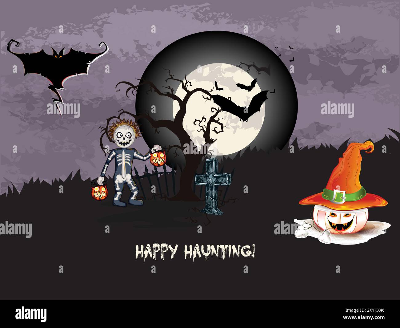 Ein Halloween-Poster mit einem Skelett, das einen Kürbis und ein Kreuz hält. Auf dem Poster steht Happy Haunting Stock Vektor
