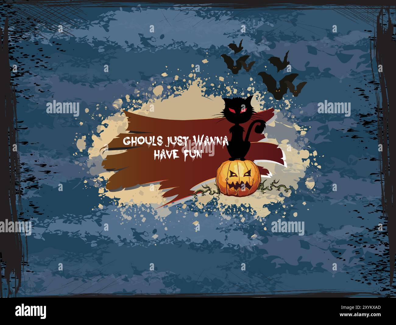 Ein Halloween-Poster mit einer Katze und einem Kürbis drauf. Auf dem Poster steht: „Ghouls wollen einfach Spaß haben“ Stock Vektor