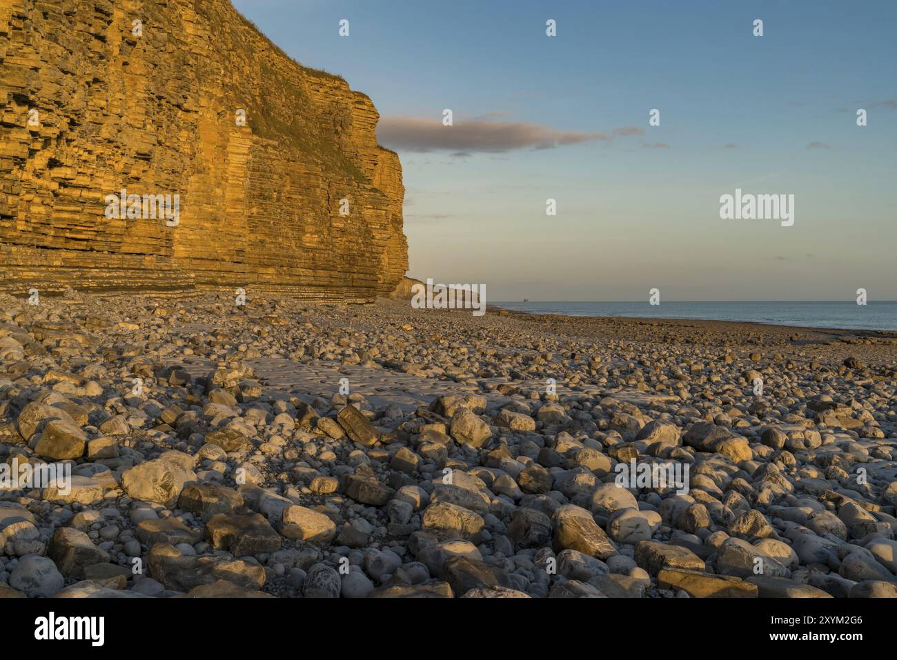 Die Steine und die Klippen von Llantwit Major Strand in der Abendsonne, South Glamorgan, Wales, Großbritannien Stockfoto