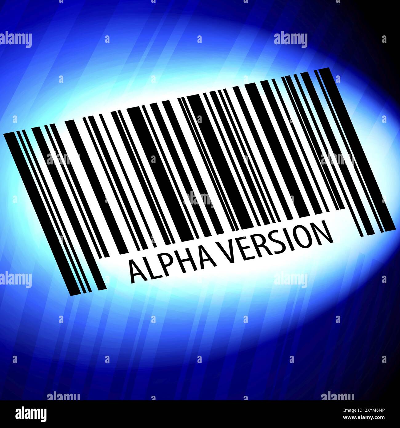 Alpha-Version, Strichcode mit blauem Hintergrund Stockfoto