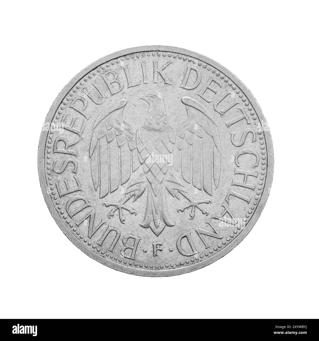 Frontalansicht der Rückseite einer 1991 geprägten 1-DM-Münze. Abgebildet ist das deutsche Wappen, der Deutsche Adler. Isoliert auf weißem Ba Stockfoto