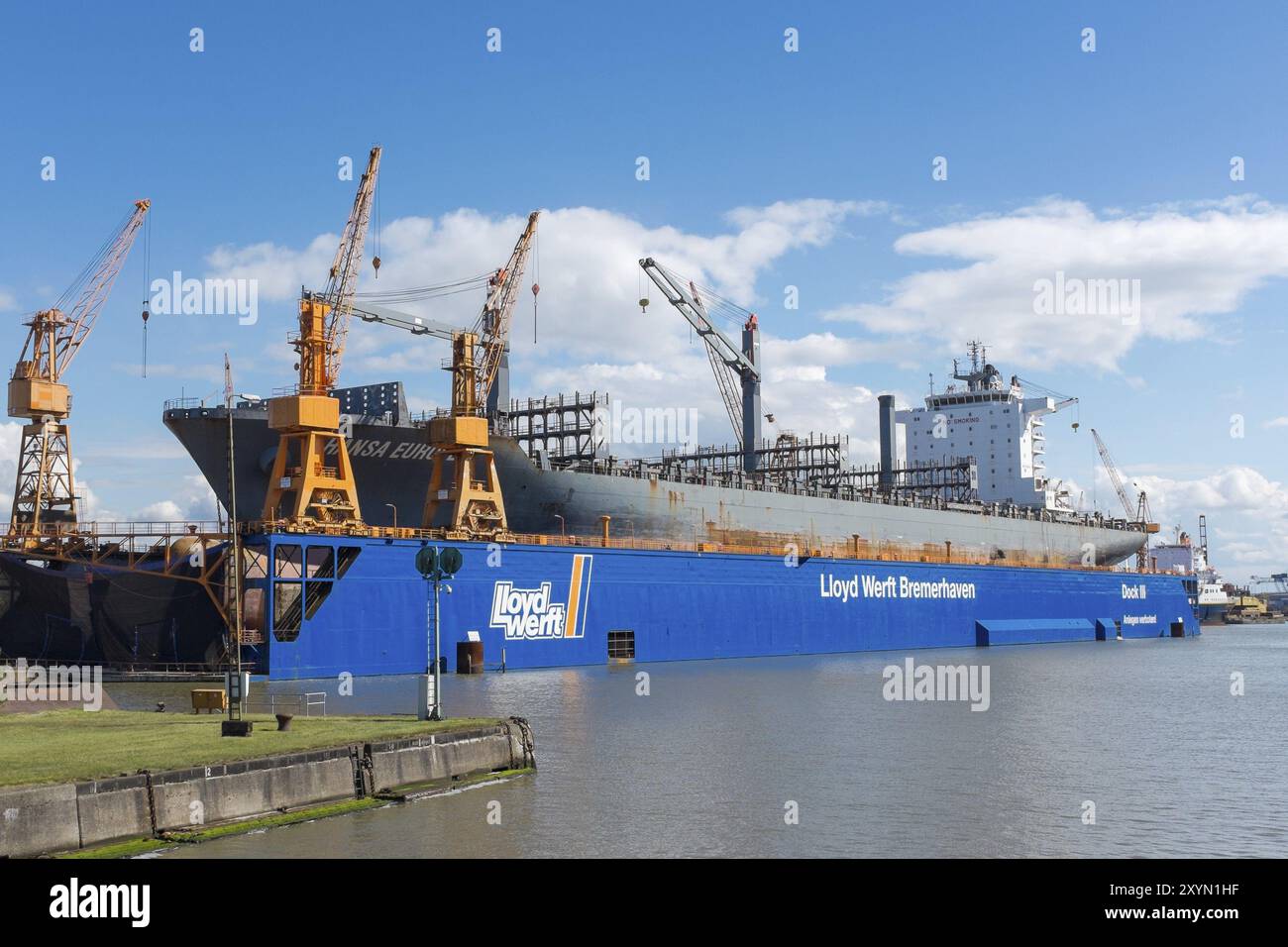 Frachtschiff Hansa Europe in einem schwimmenden Dock in der Lloyd Werft in Bremerhaven. Schiff Hansa Europe in einem schwimmenden Dock in Bremerhaven Stockfoto