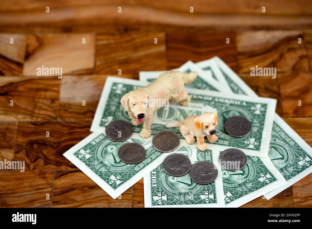 Hundefiguren und Dollars, symbolisches Bild für Tierkosten Stockfoto