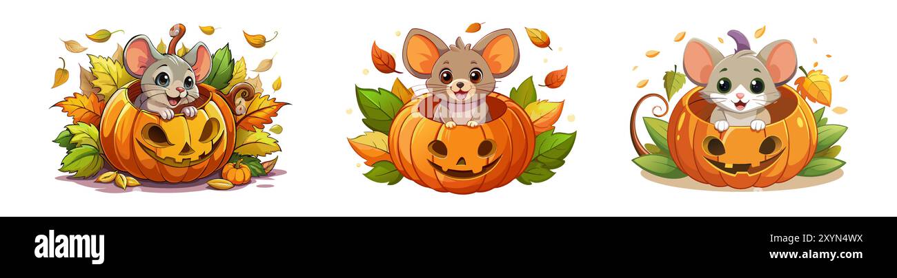 Set niedlicher Zeichentrickmäuse in Kürbissen auf weißem Hintergrund. Konzept von Halloween, Herbstsaison, bezauberndes Tier, festliche Illustration. Drucken, ico Stock Vektor