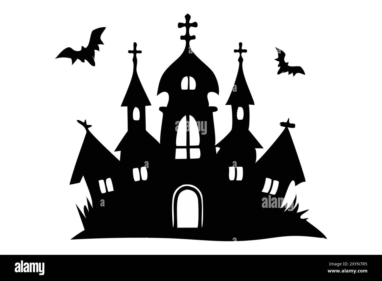 Schwarze Silhouette eines Spukhauses mit Fledermäusen auf weißem Hintergrund. Konzept von gruseliger Dekoration, gespenstischem Schloss, minimalistischem Stil, gruseliger Villa, Halloween-Design. Drucken, Designelement Stock Vektor